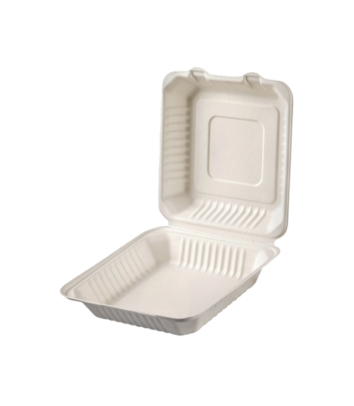 SUGARCANE FOOD CONTAINER 23×23 cm, HINGED-LID, SQUARE