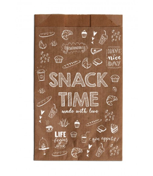 BROWN KRAFT PAPER BAKERY BAGS "SNACK TIME" SIZE 12x22